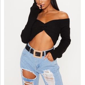 Black Twisted Front Long Sleeve Knit Top